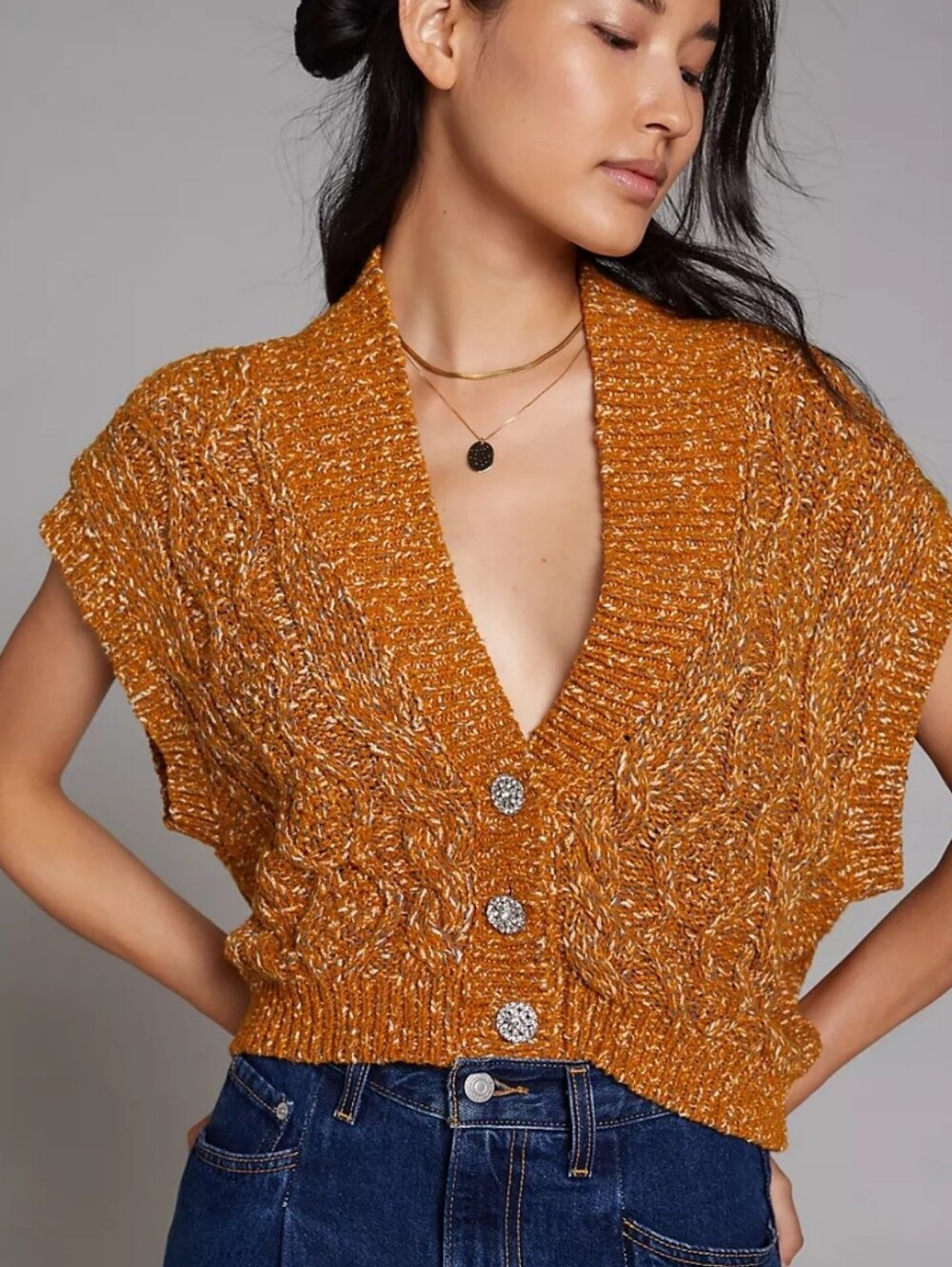 Maeve Anthropolog Cardigan Cable Knit Sweater Vest Women's Small Jewel Buttons